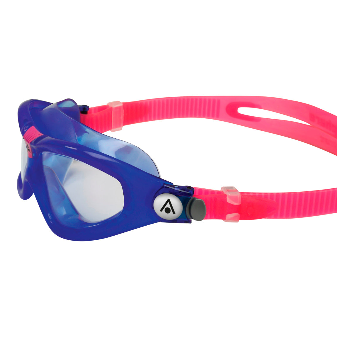 Aquasphere Seal Kid 2 swim mask with clear lens and blue and pink frame, side detail view