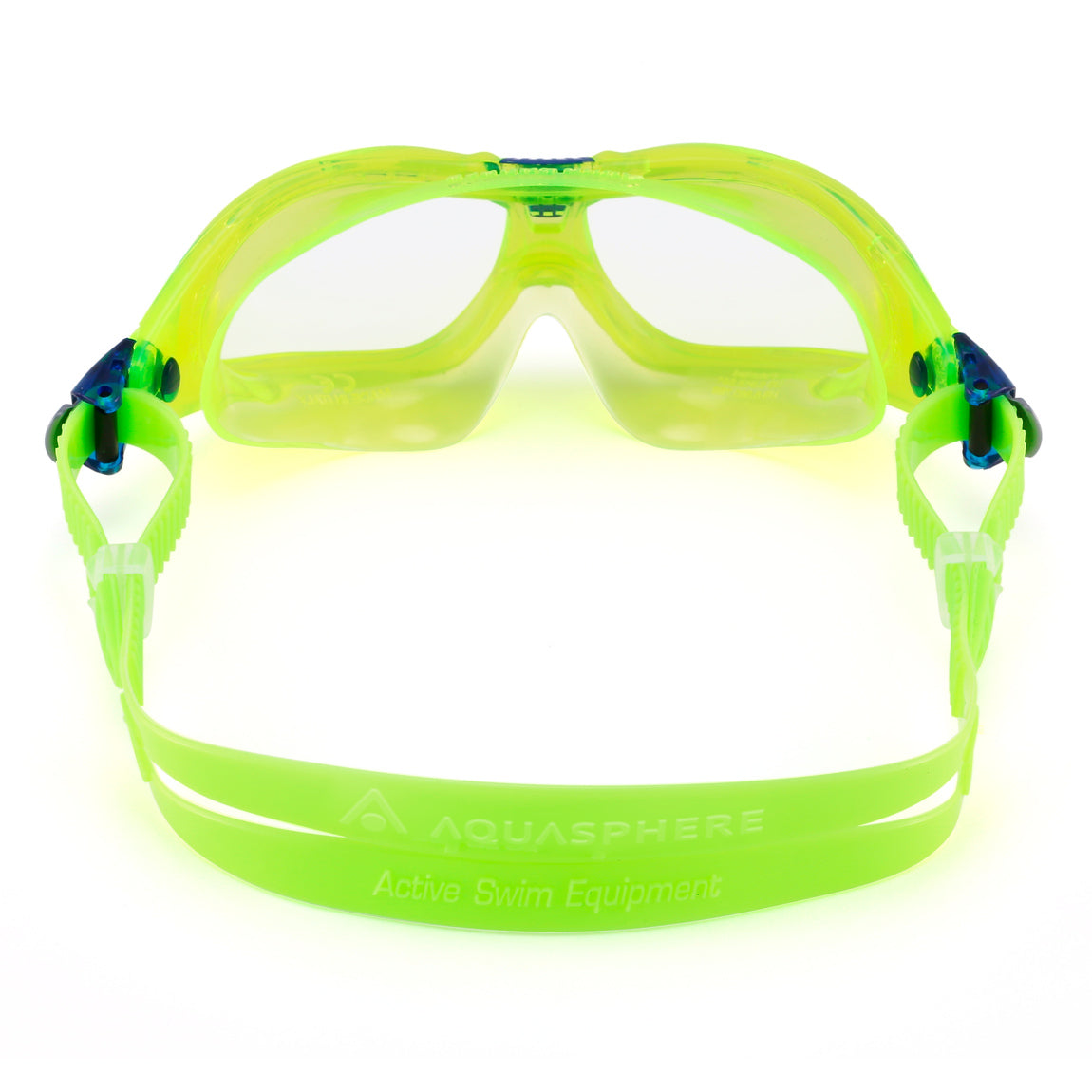 Aquasphere Seal Kid 2 swim mask with clear lens and lime frame, view from behind showing the strap