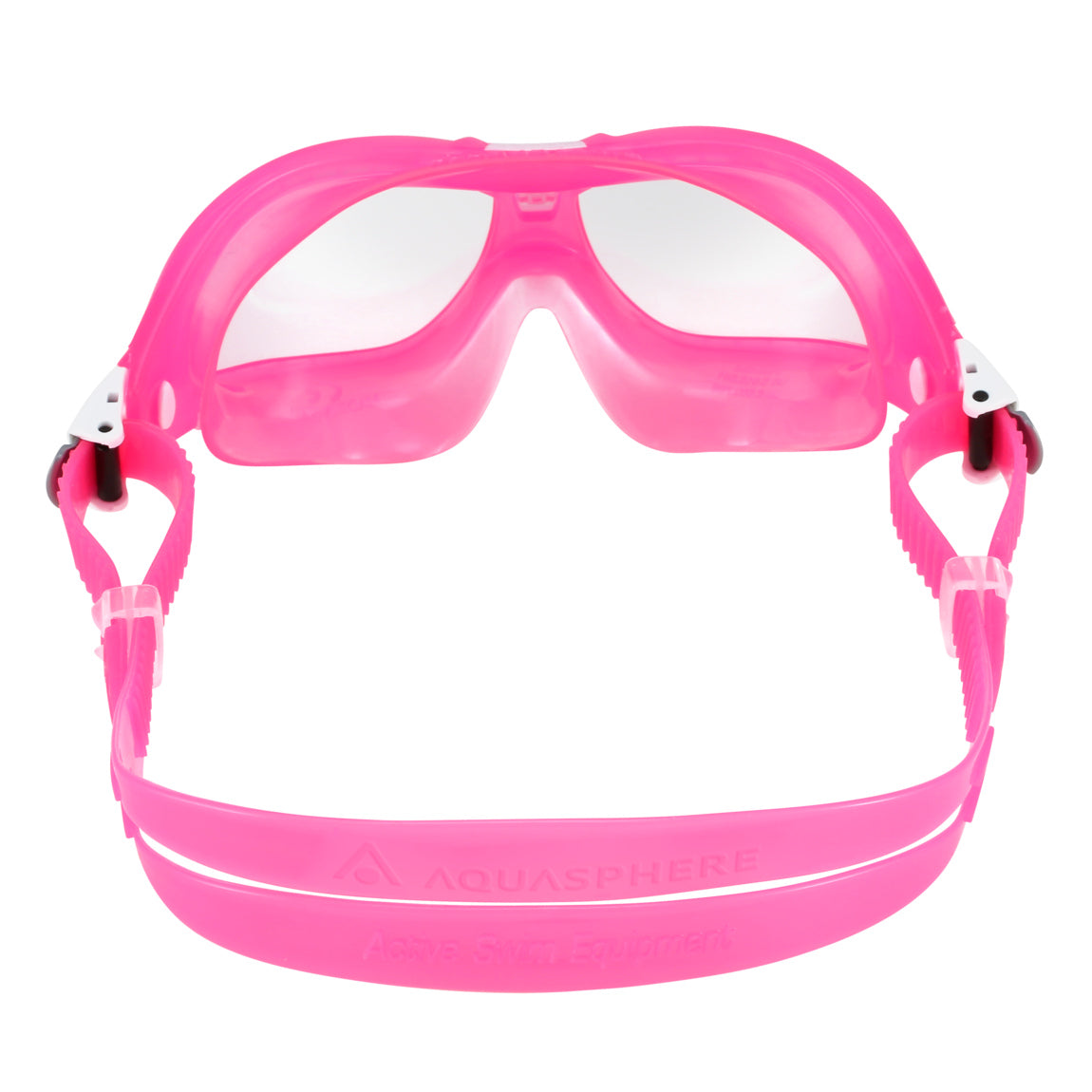 Aquasphere Seal Kid 2 swim mask with clear lens and pink frame, view from behind showing the strap