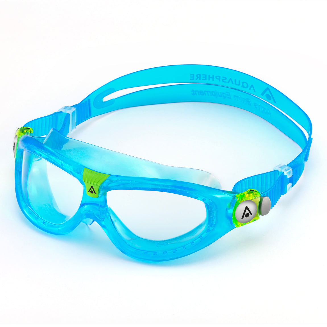Aquasphere Seal Kid 2 swim mask with clear lens and turquoise frame, second angled view