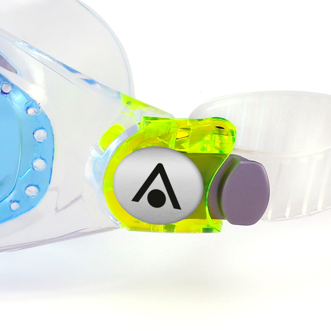 Aquasphere Seal Kid 2 swim mask with blue tinted lens and clear frame, side detail view