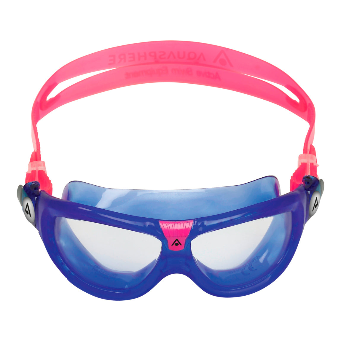 Aquasphere Seal Kid 2 swim mask with clear lens and blue and pink frame, front view