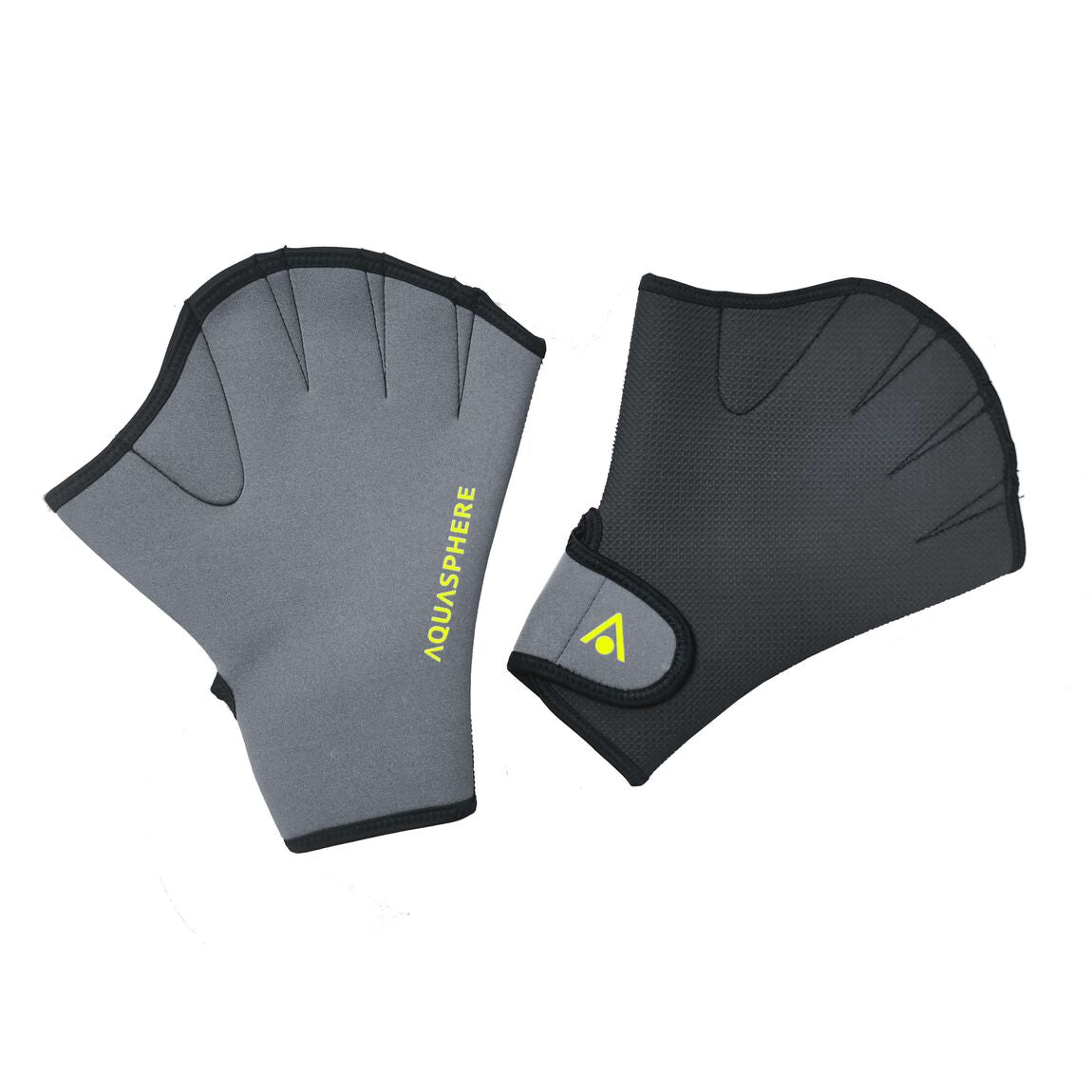 Pair of Aquasphere webbed swim gloves in black and grey with a yellow logo