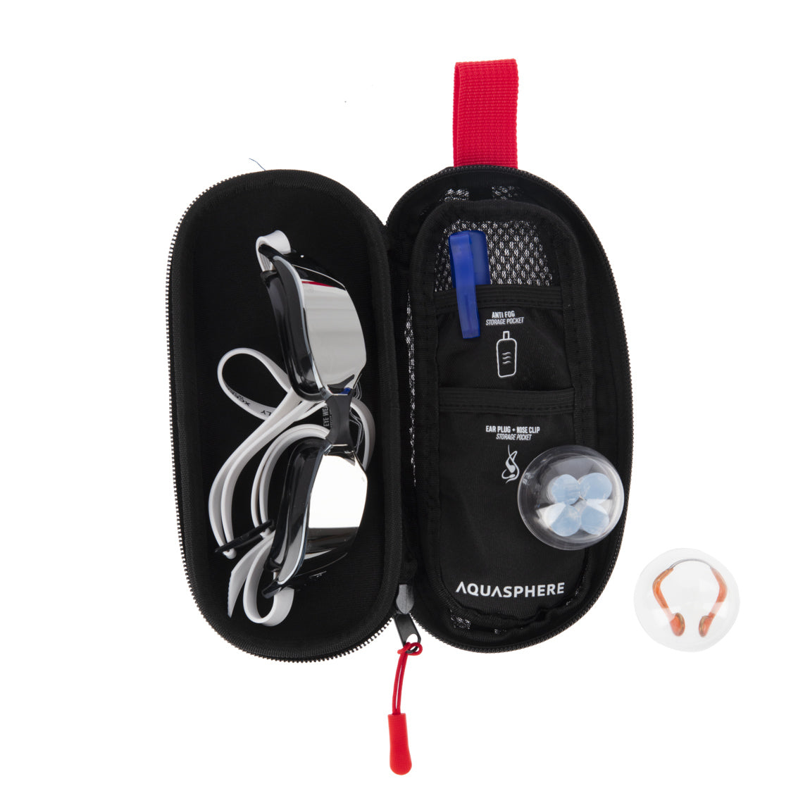 Aquasphere Swim Goggle Case closed, black moulded shell with an embossed logo