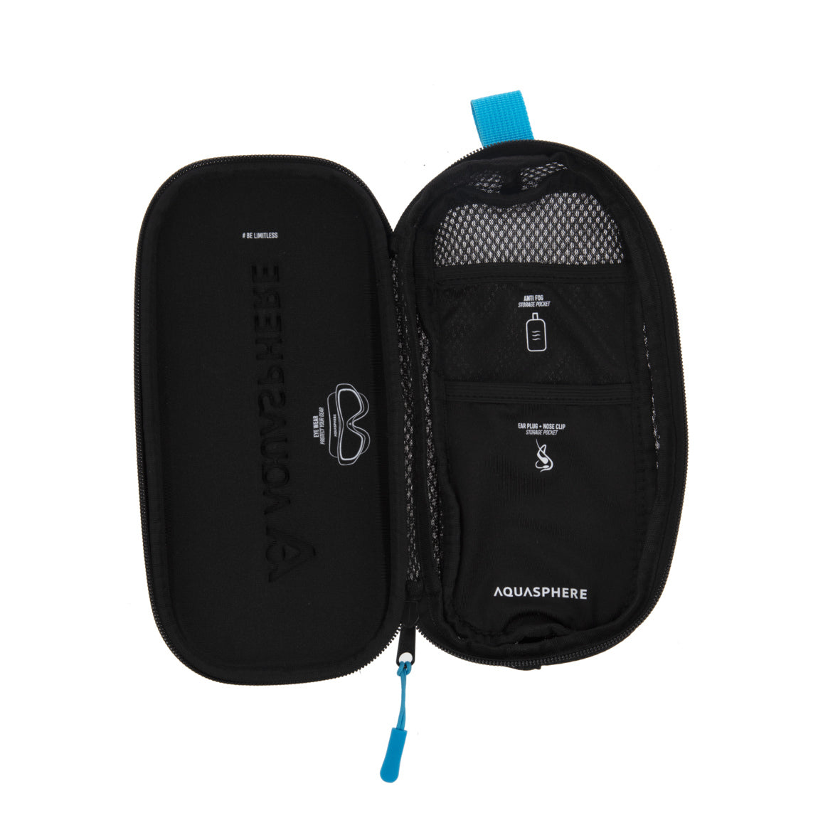Aquasphere Swim Mask Case closed, black shell with a light blue pull tab