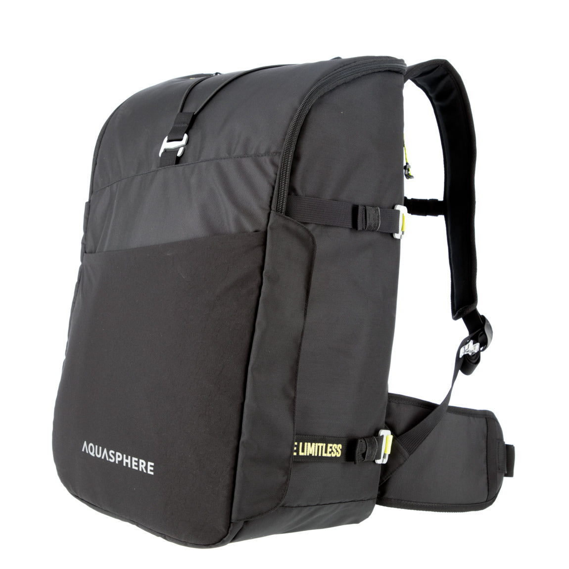 Aquasphere Transition Backpack 35L in black from the front, standing upright