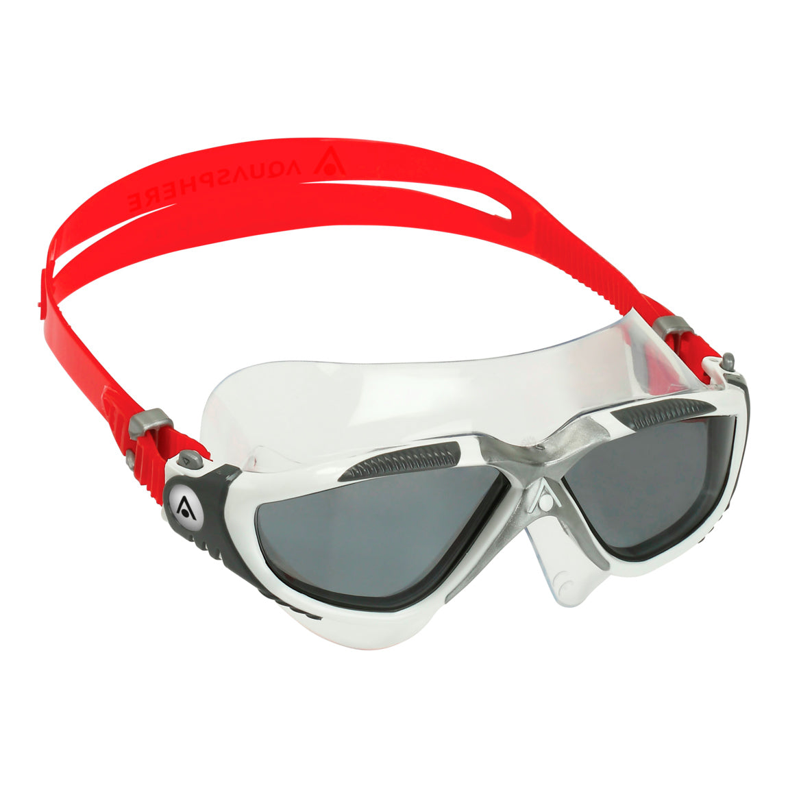 Aquasphere Vista swim mask with smoke lens and red frame, angled view