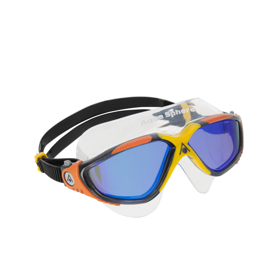 Aquasphere Vista swim mask with indigo mirrored lens and grey and orange frame, angled view