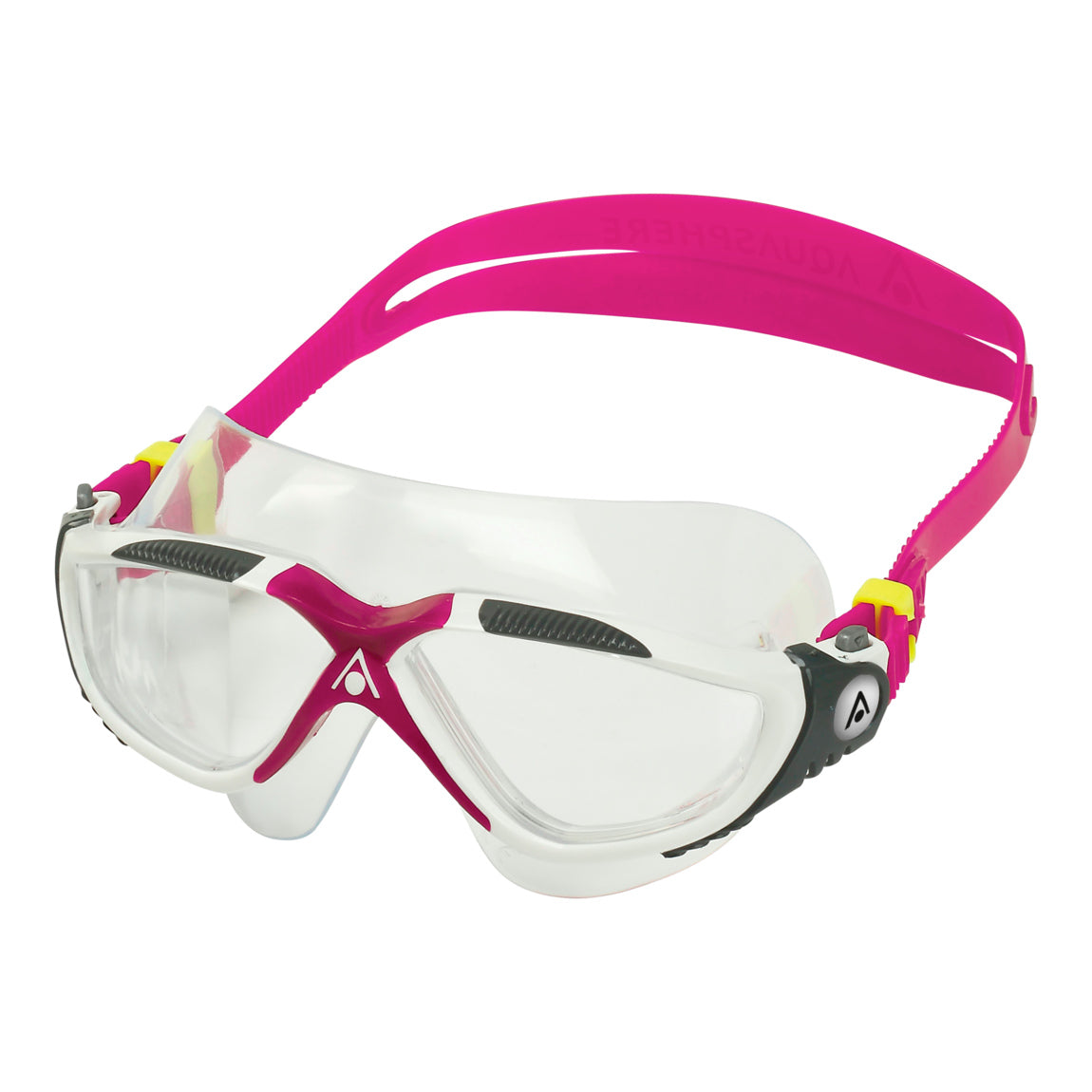 Aquasphere Vista swim mask with clear lens and raspberry frame, front view
