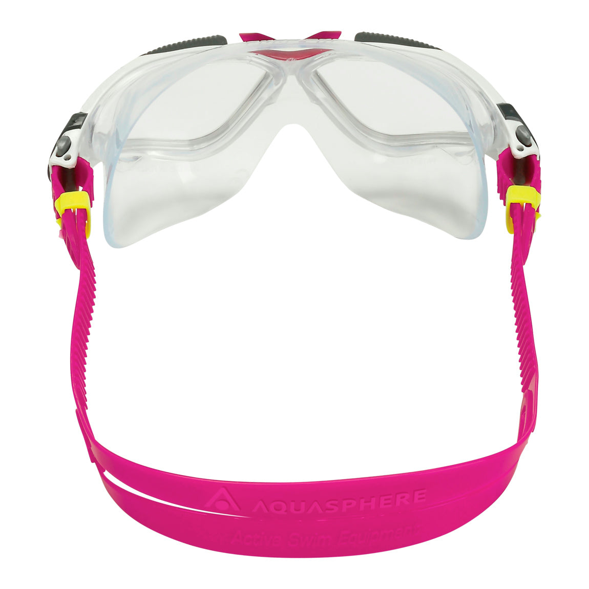 Aquasphere Vista swim mask with clear lens and raspberry frame, front view