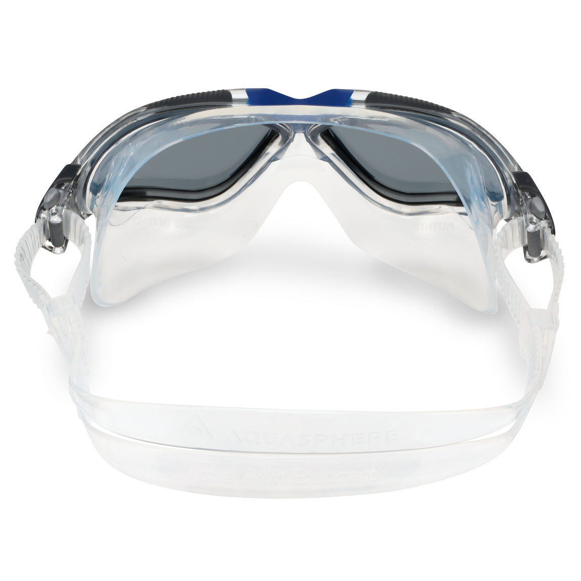 Aquasphere Vista swim mask with smoke lens and blue and grey frame, view from behind showing the strap