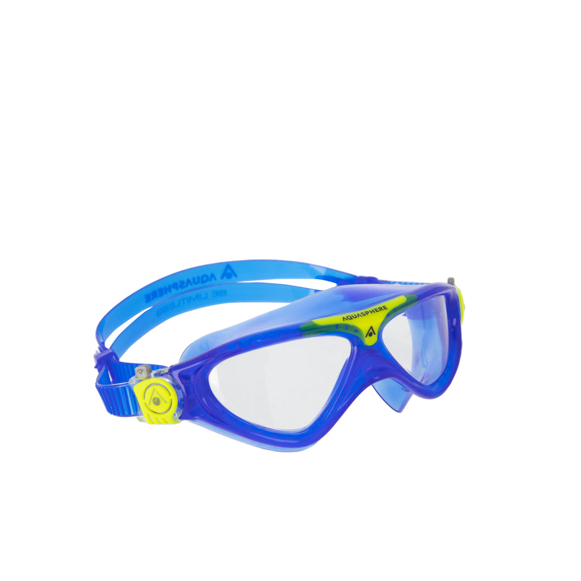 Aquasphere Vista Junior swim mask with clear lens and blue and yellow frame, angled view