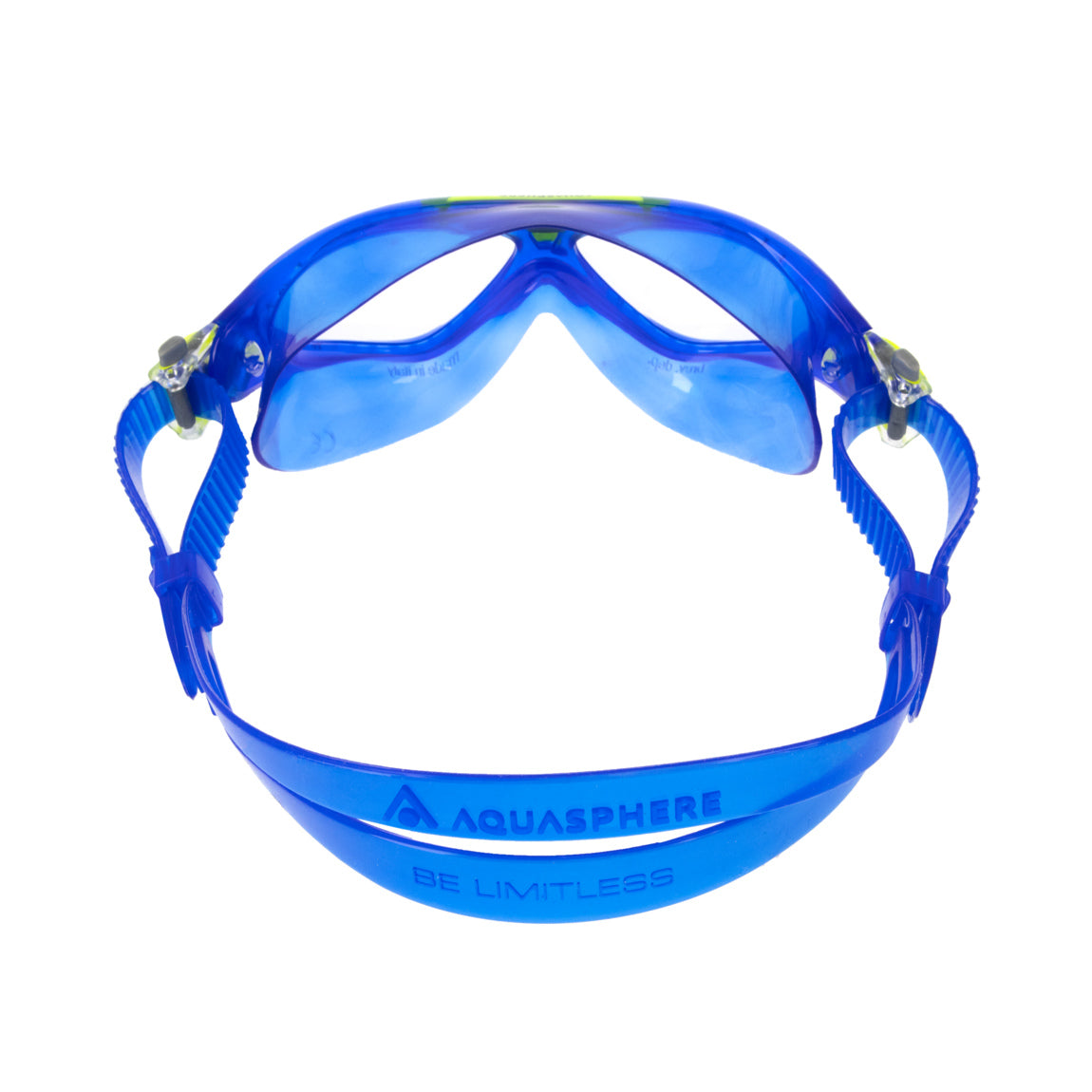 Aquasphere Vista Junior swim mask with clear lens and blue and yellow frame, view from behind showing the strap