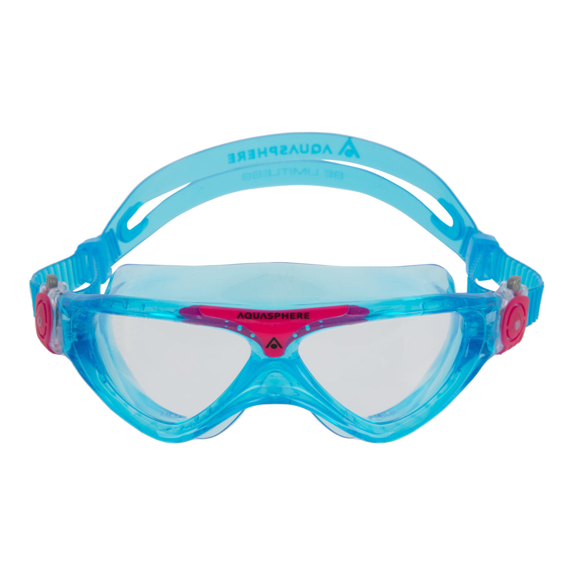 Aquasphere Vista Junior swim mask with clear lens and pink and turquoise frame, front view
