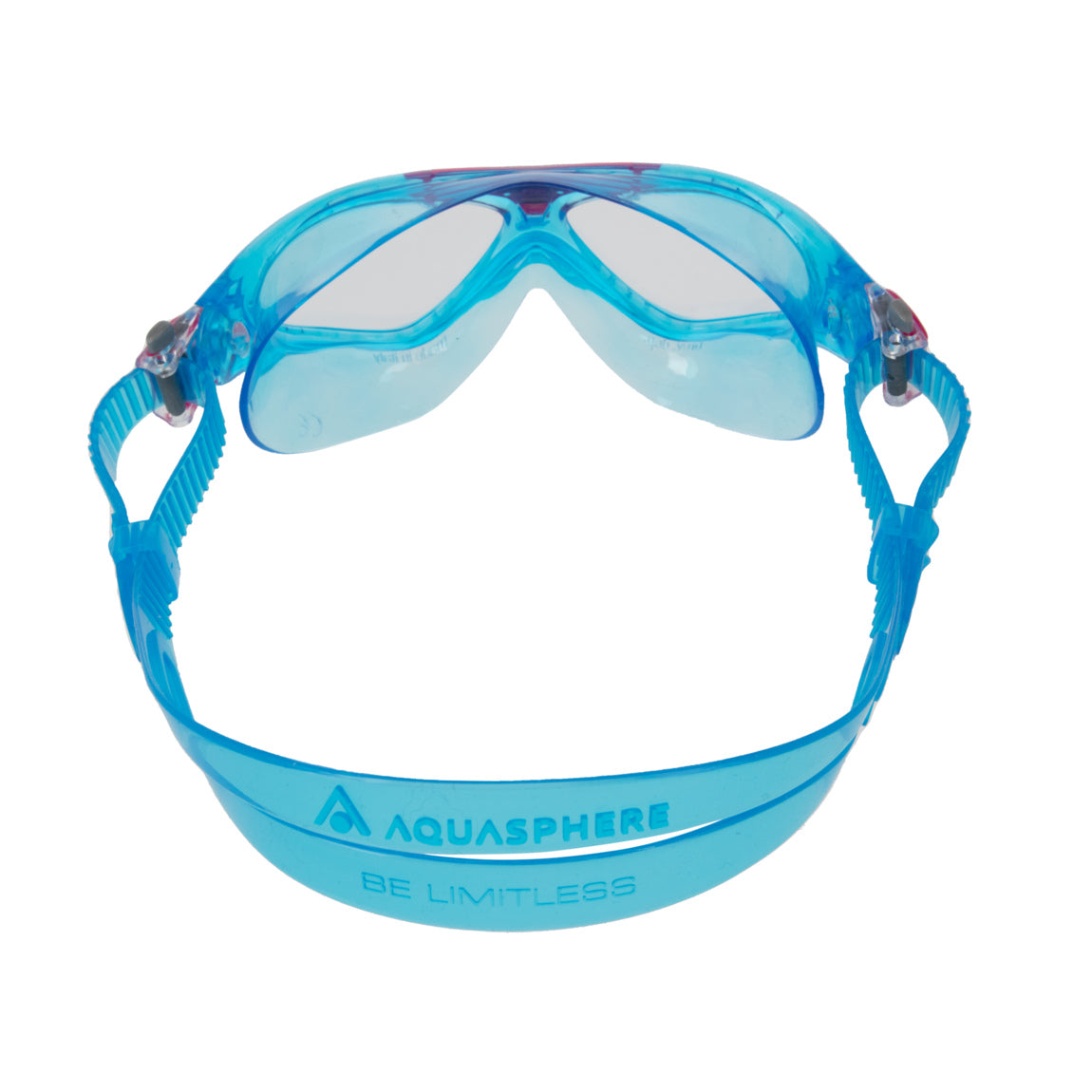 Aquasphere Vista Junior swim mask with clear lens and pink and turquoise frame, second angled view