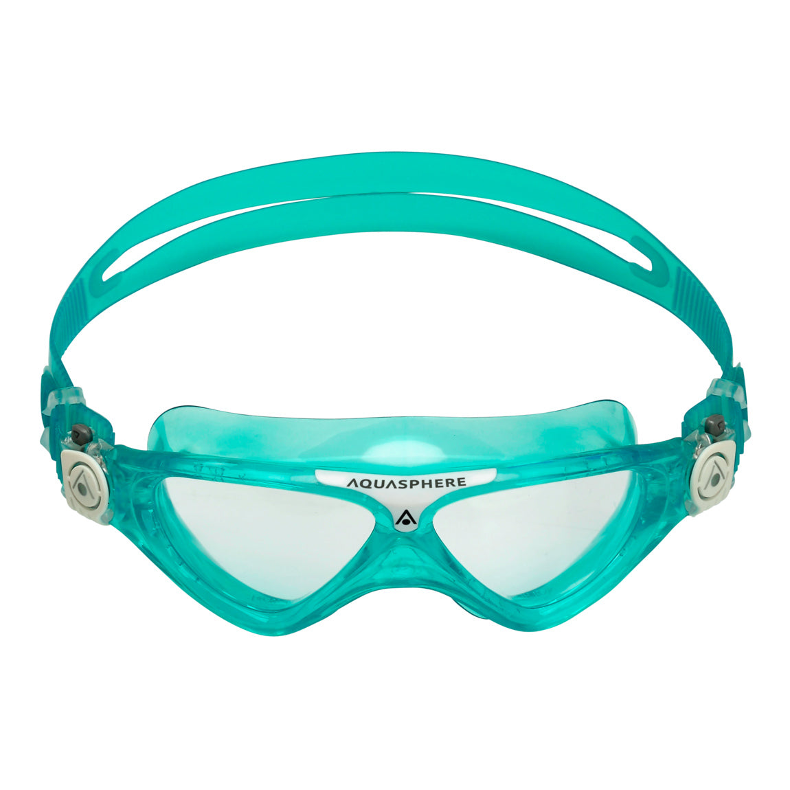 Aquasphere Vista Junior swim mask with clear lens and turquoise and white frame, front view