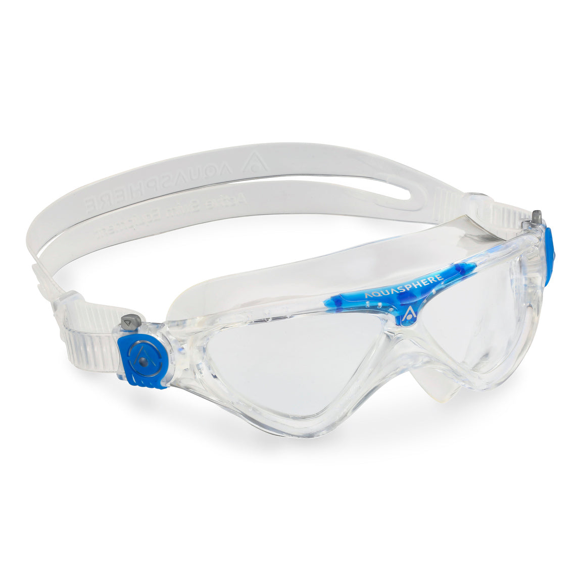 Aquasphere Vista Junior swim mask with clear lens and blue frame, front view
