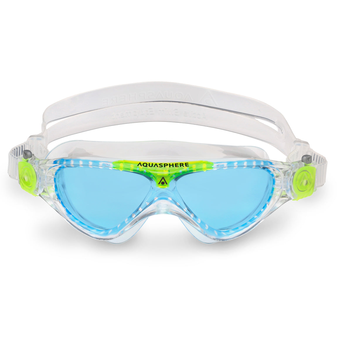 Aquasphere Vista Junior swim mask with blue tinted lens and clear and lime frame, front view