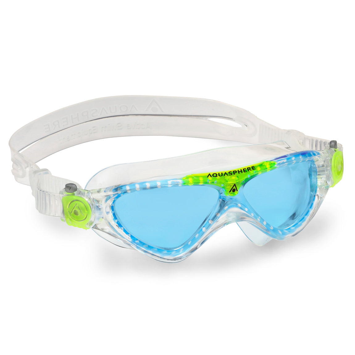 Aquasphere Vista Junior swim mask with blue tinted lens and clear and lime frame, angled view