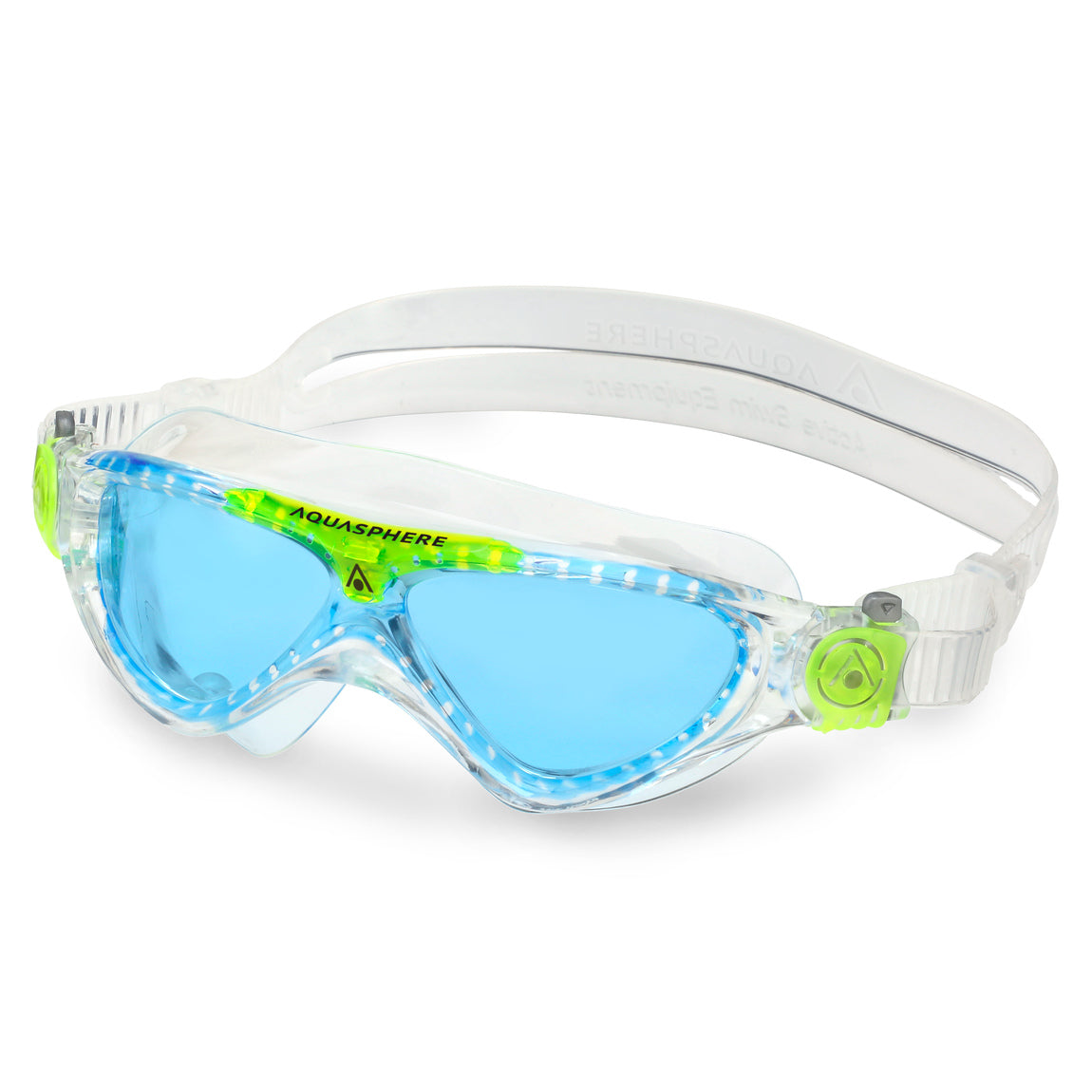 Aquasphere Vista Junior swim mask with blue tinted lens and clear and lime frame, second angled view