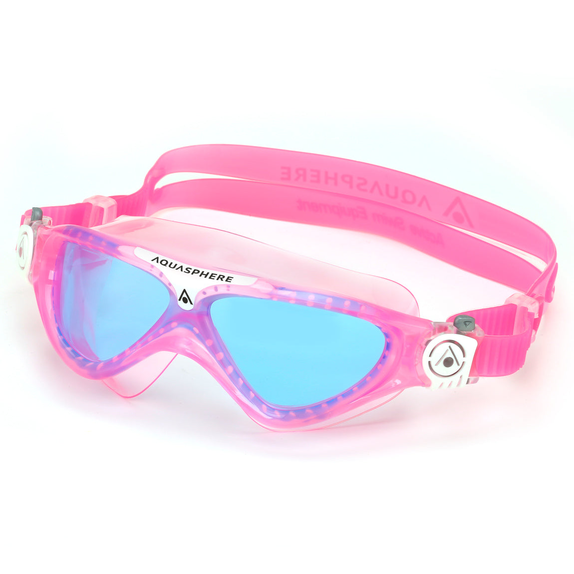 Aquasphere Vista Junior swim mask with blue tinted lens and pink frame, second angled view