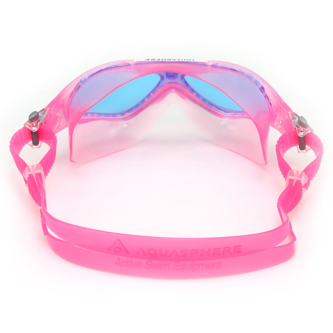 Aquasphere Vista Junior swim mask with blue tinted lens and pink frame, view from behind showing the strap