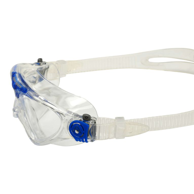 Aquasphere Vista Junior swim mask with clear lens and blue frame, side detail view