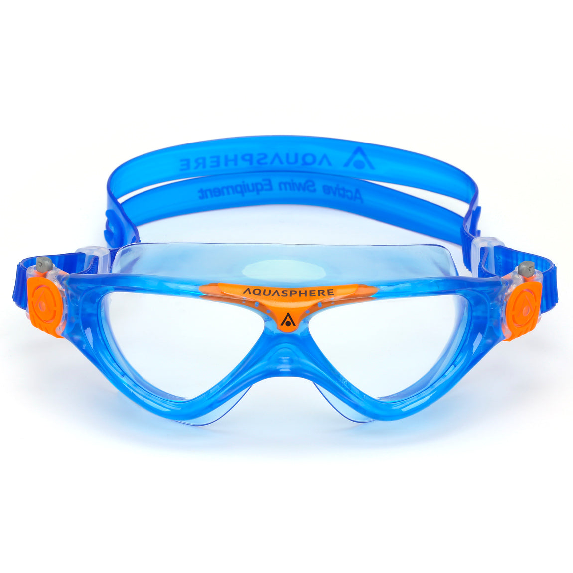Aquasphere Vista Junior swim mask with clear lens and blue and orange frame, front view
