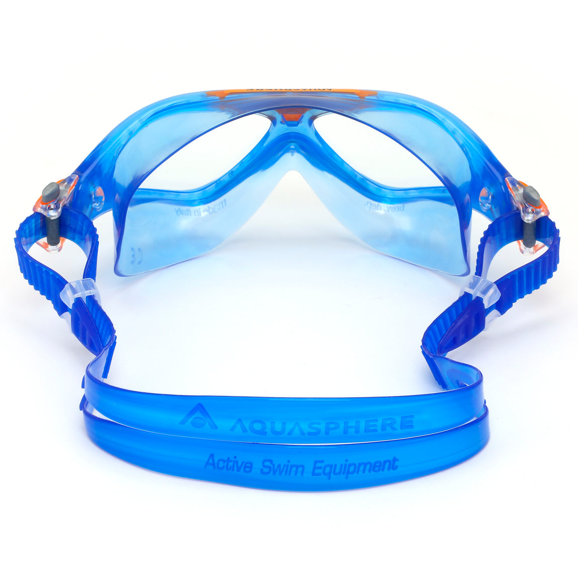 Aquasphere Vista Junior swim mask with clear lens and blue and orange frame, view from behind showing the strap