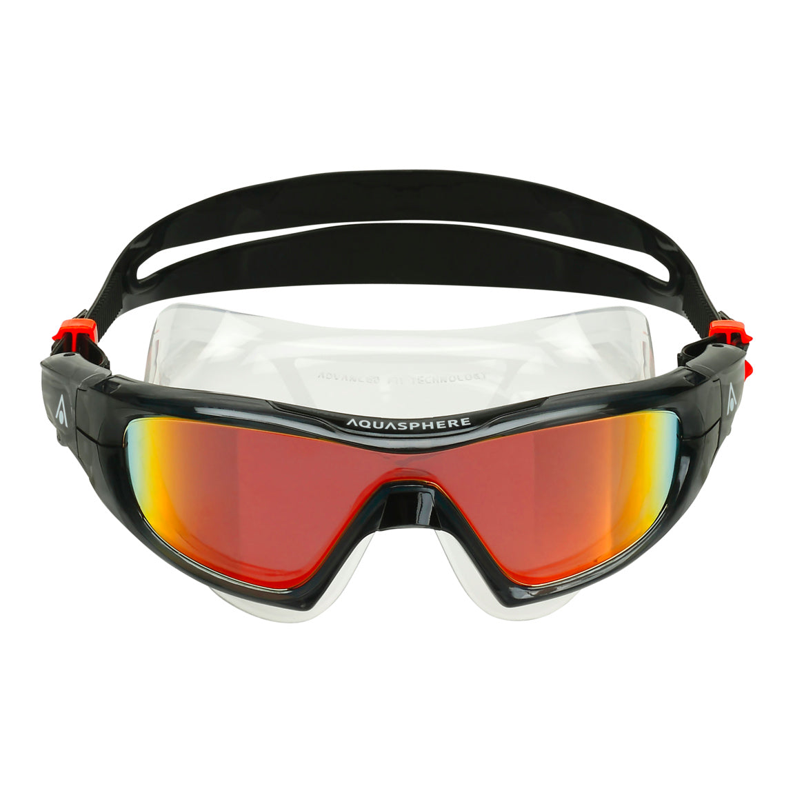 Aquasphere Vista Pro swim mask with orange mirrored lens and black frame, front view