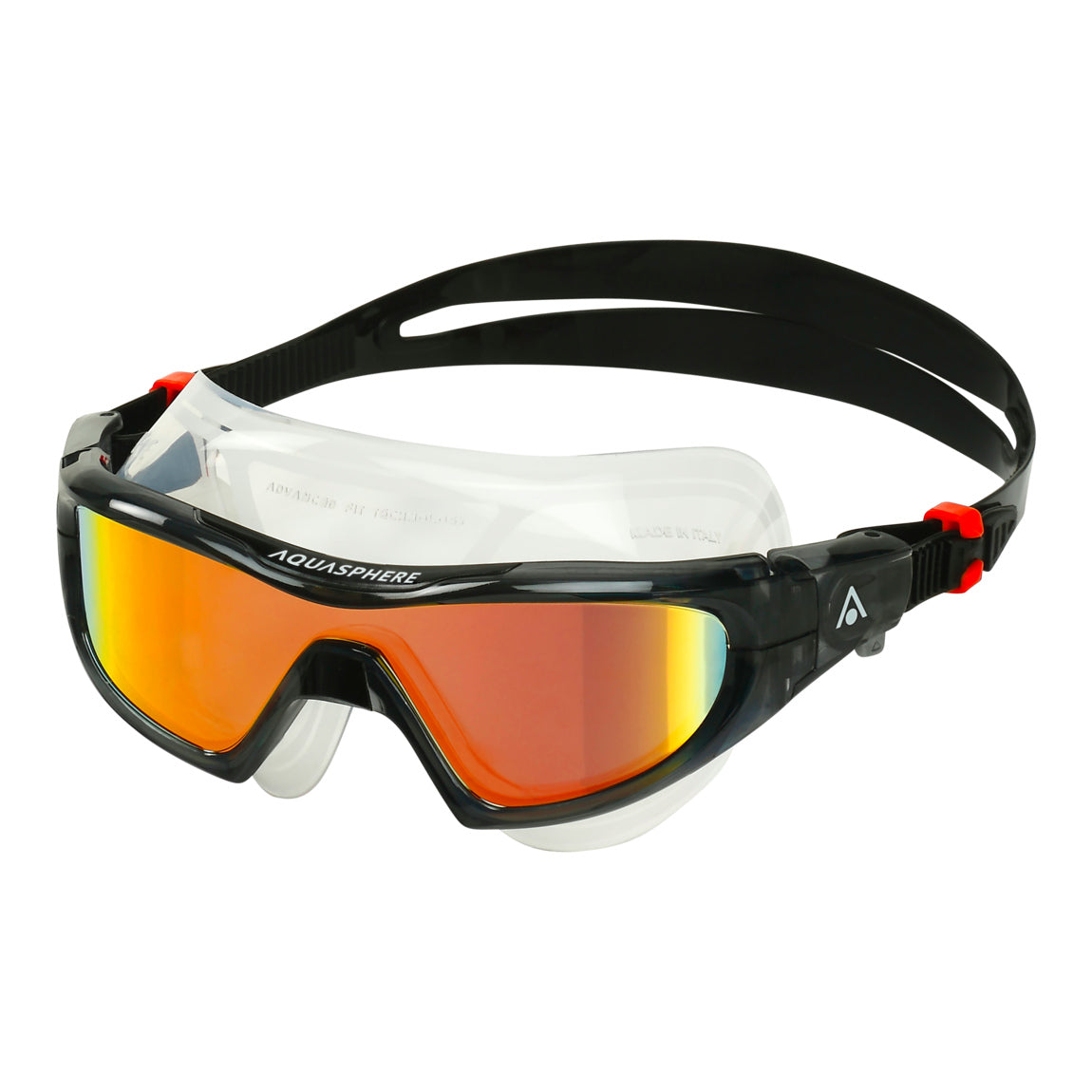 Aquasphere Vista Pro swim mask with orange mirrored lens and black frame, front view