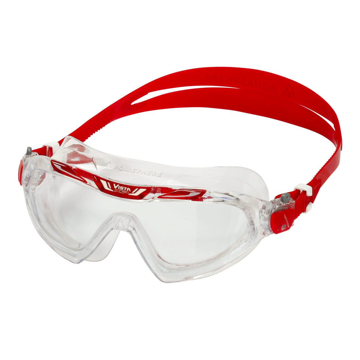 Aquasphere Vista XP swim mask with clear lens and red frame, second angled view