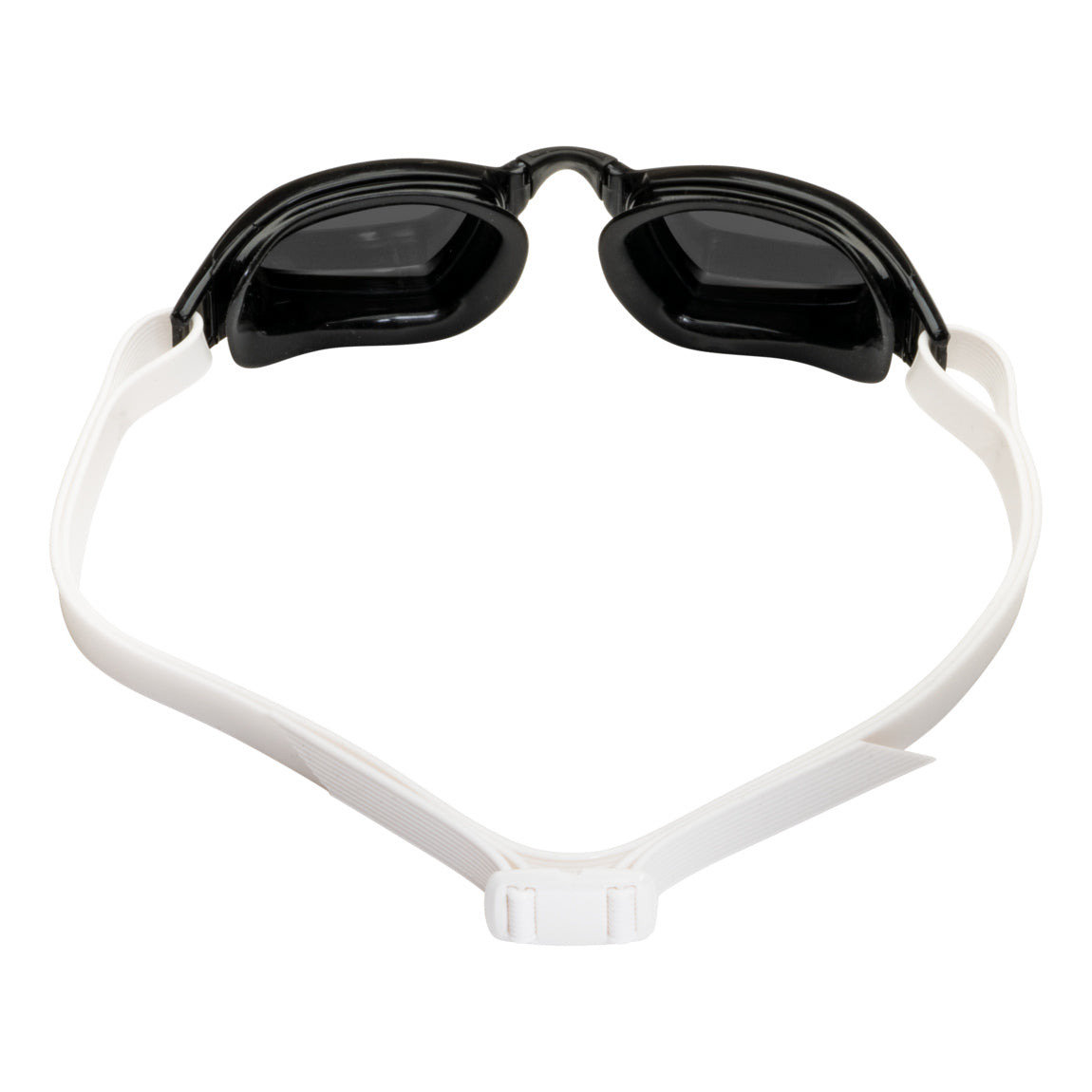 Aquasphere Xceed swim goggles with silver mirrored lens and black and white frame, view from behind showing the strap