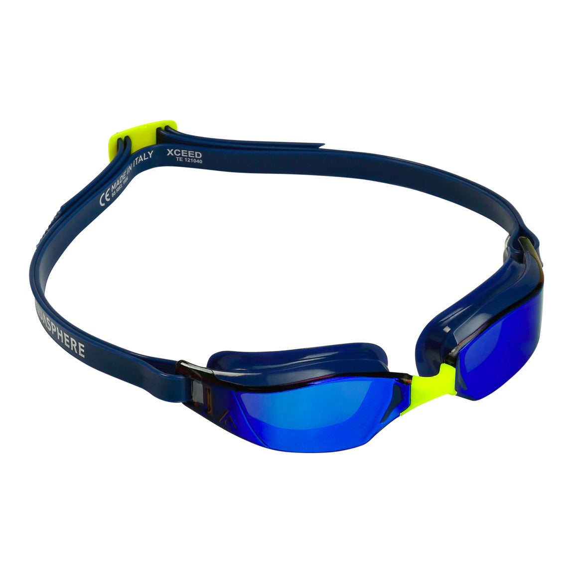 Aquasphere Xceed swim goggles with blue mirrored lens and navy frame, second angled view