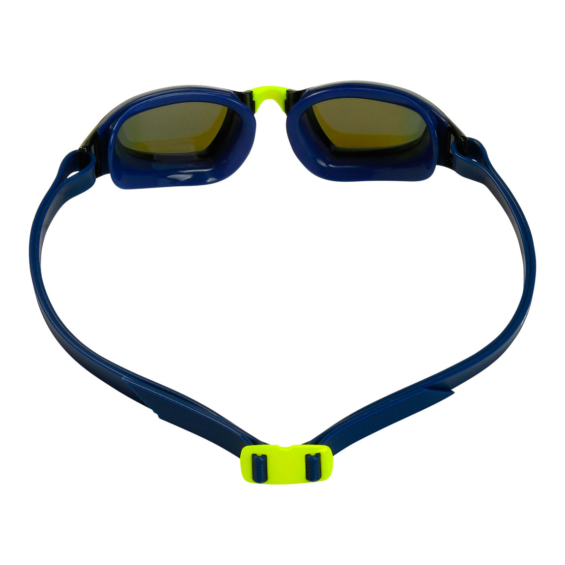 Aquasphere Xceed swim goggles with blue mirrored lens and navy frame, view from behind showing the strap