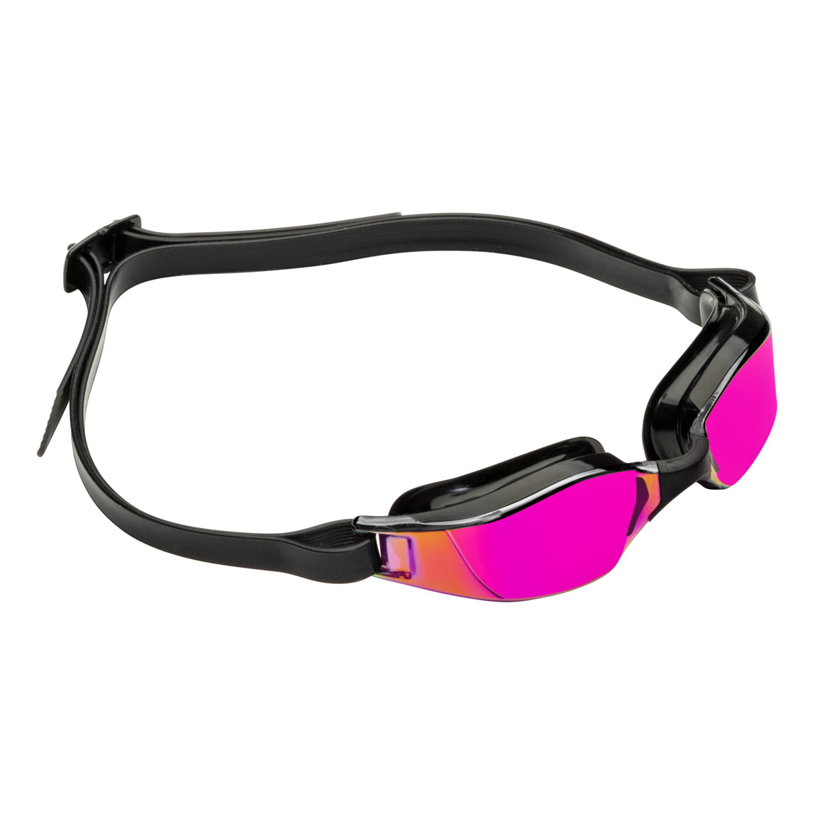 Aquasphere Xceed swim goggles with pink mirrored lens and black frame, second angled view
