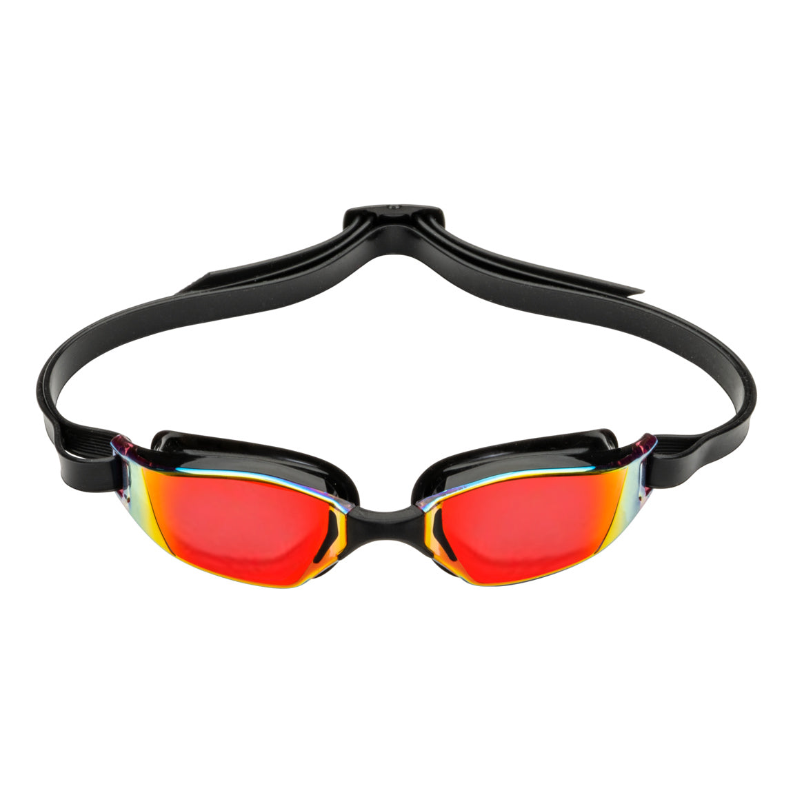 Aquasphere Xceed swim goggles with red mirrored lens and black frame, front view