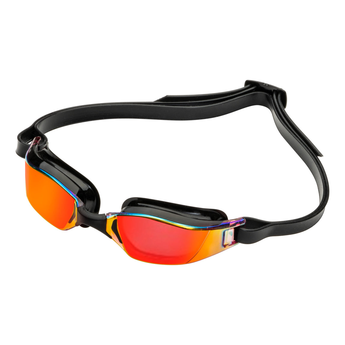 Aquasphere Xceed swim goggles with red mirrored lens and black frame, angled view