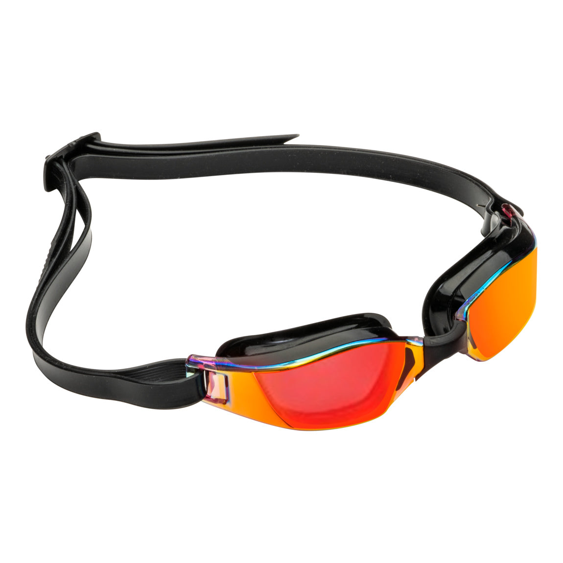 Aquasphere Xceed swim goggles with red mirrored lens and black frame, second angled view