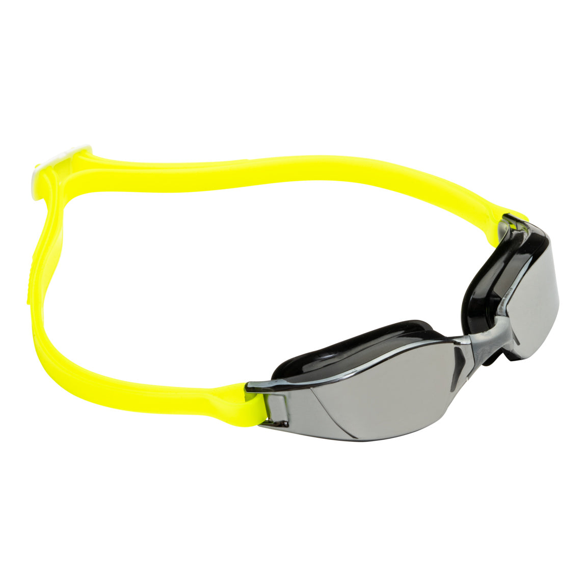 Aquasphere Xceed swim goggles with silver mirrored lens and black and yellow frame, front view