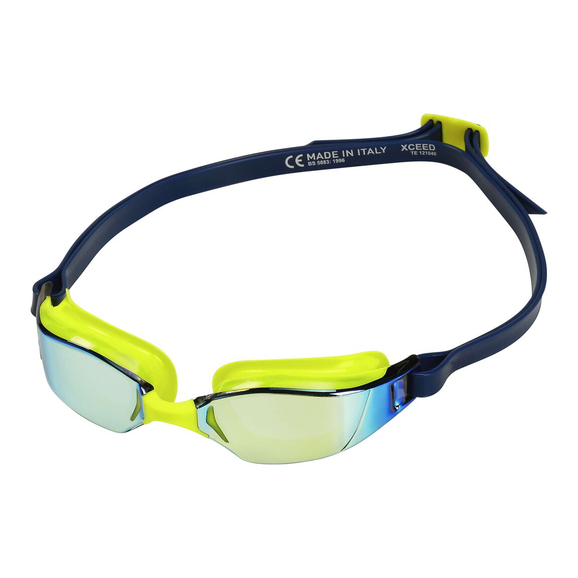 Aquasphere Xceed swim goggles with yellow mirrored lens and navy and yellow frame, angled view