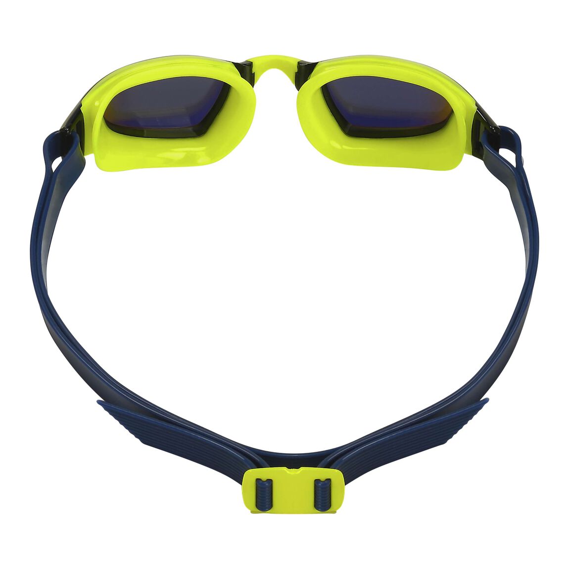 Aquasphere Xceed swim goggles with yellow mirrored lens and navy and yellow frame, view from behind showing the strap