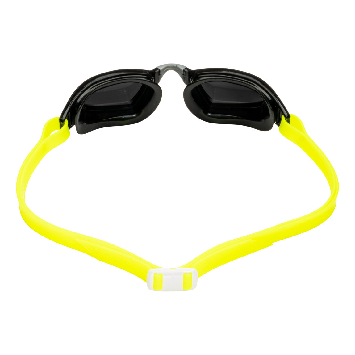 Aquasphere Xceed swim goggles with silver mirrored lens and black and yellow frame, front view