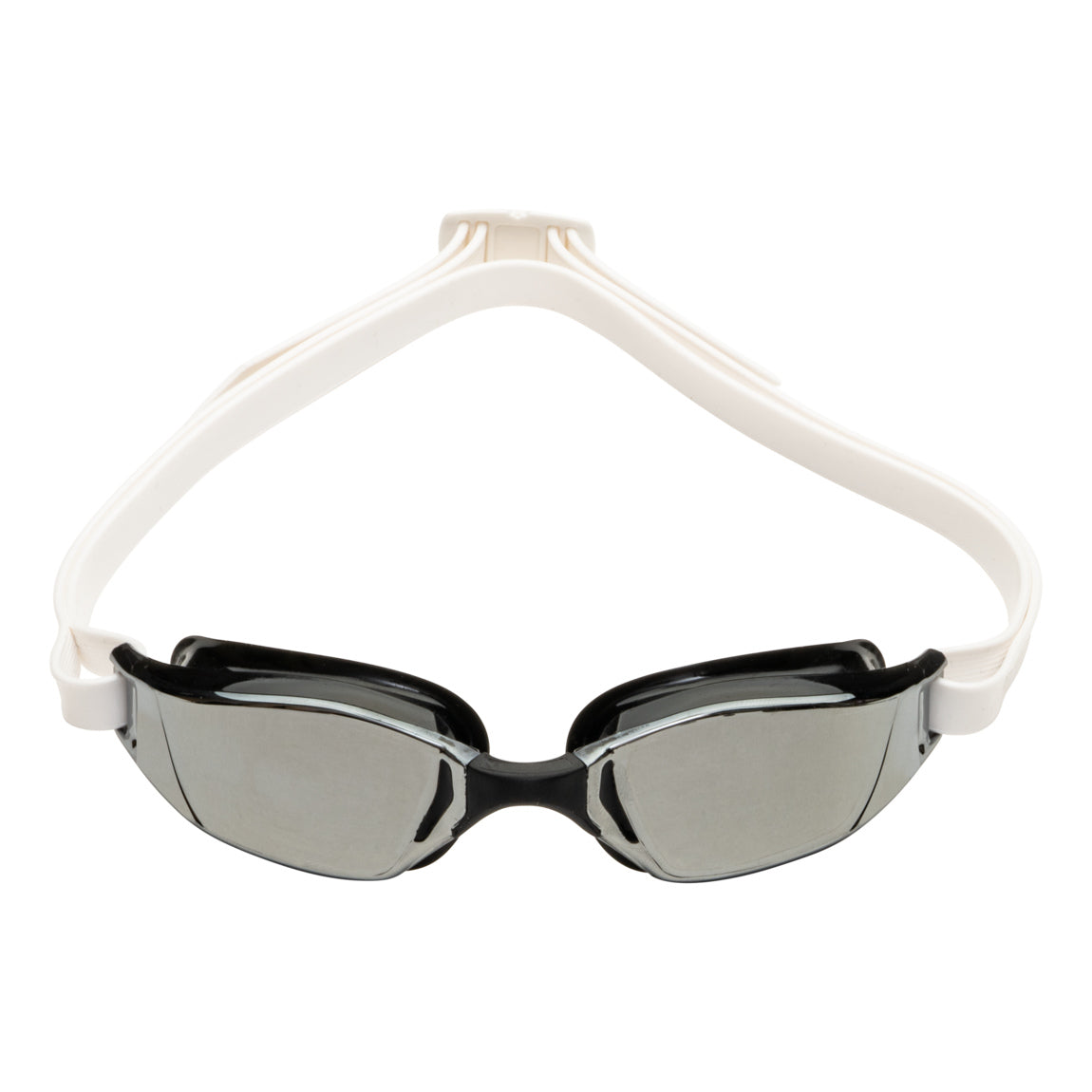 Aquasphere Xceed swim goggles with silver mirrored lens and black and white frame, front view