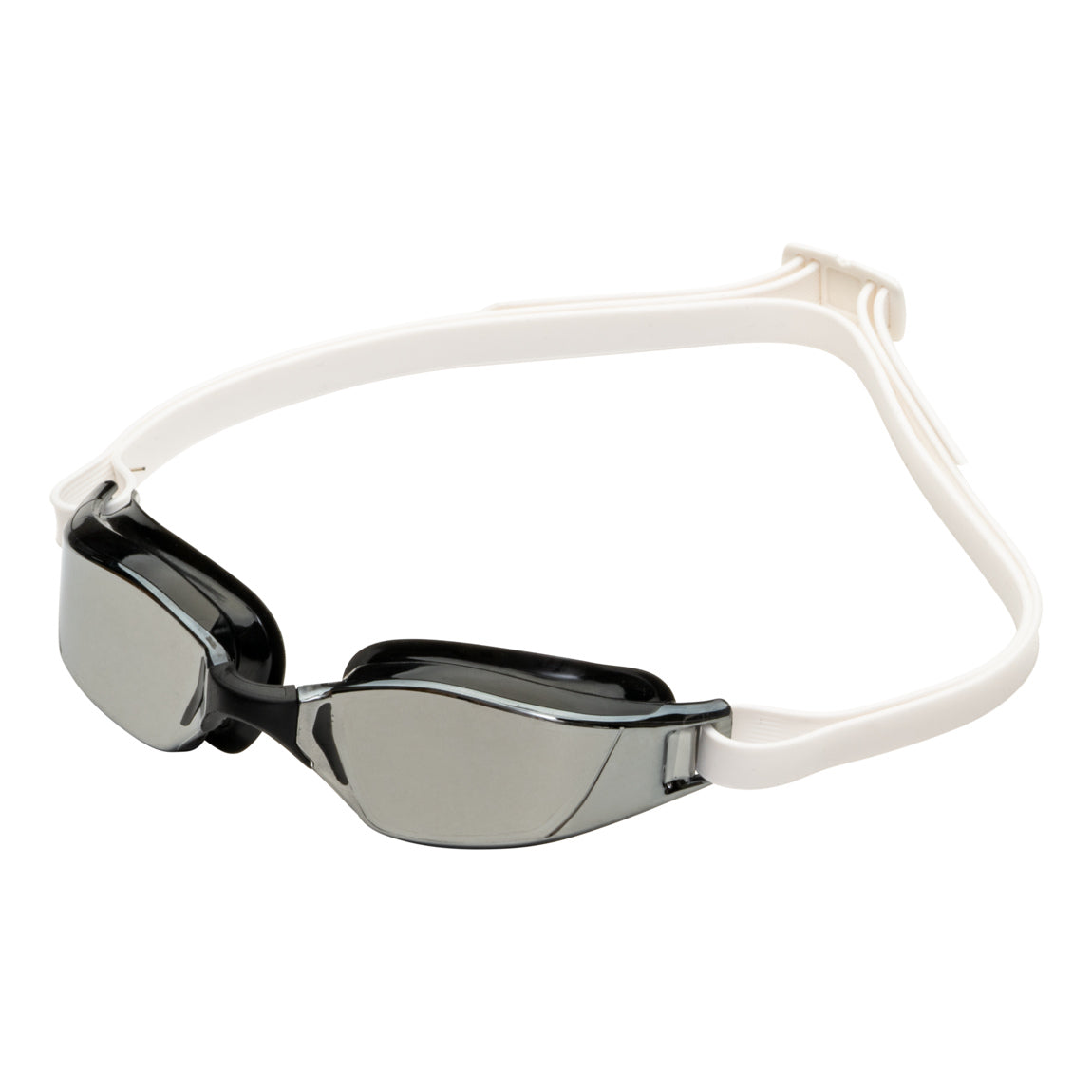 Aquasphere Xceed swim goggles with silver mirrored lens and black and white frame, angled view