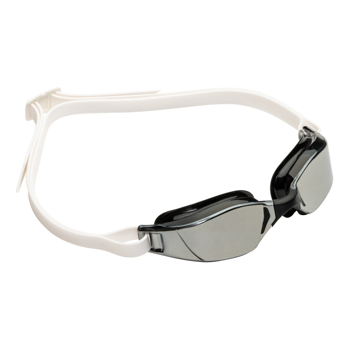 Aquasphere Xceed swim goggles with silver mirrored lens and black and white frame, second angled view