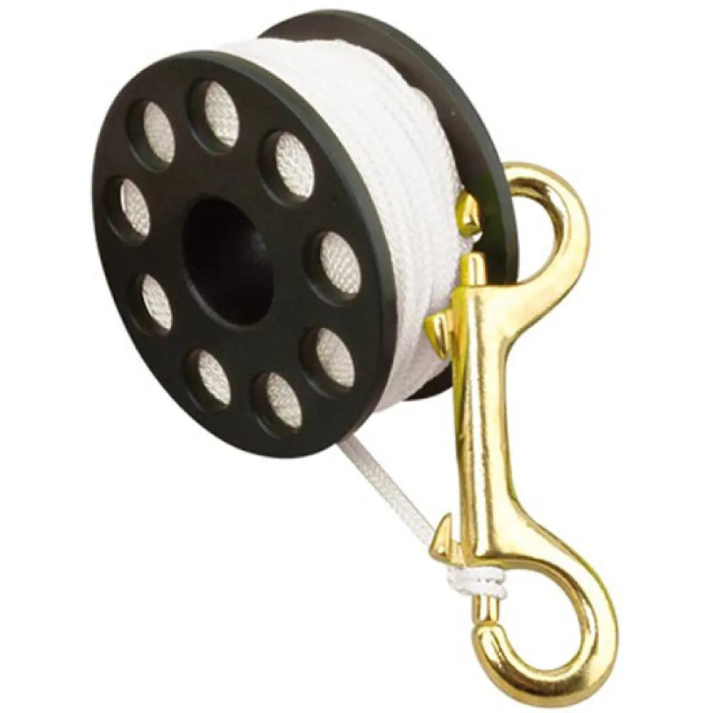 Aropec 50 m dive reel with black spool, white line and brass bolt snap