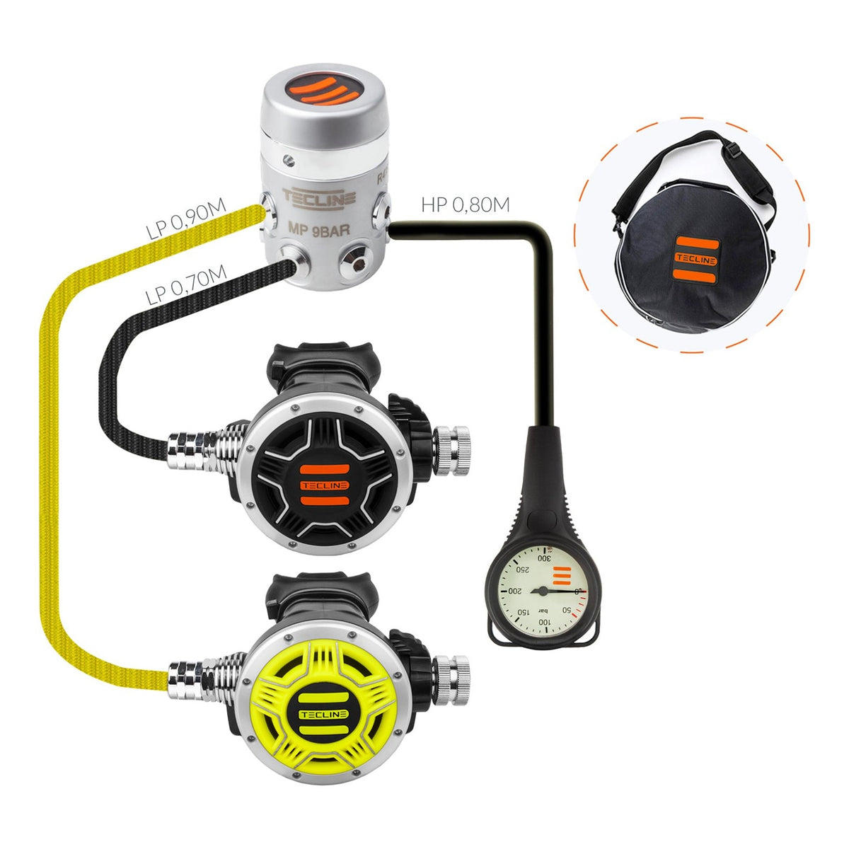 Tecline R4 TEC1 set I: first stage, black and yellow TEC1 second stages and pressure gauge