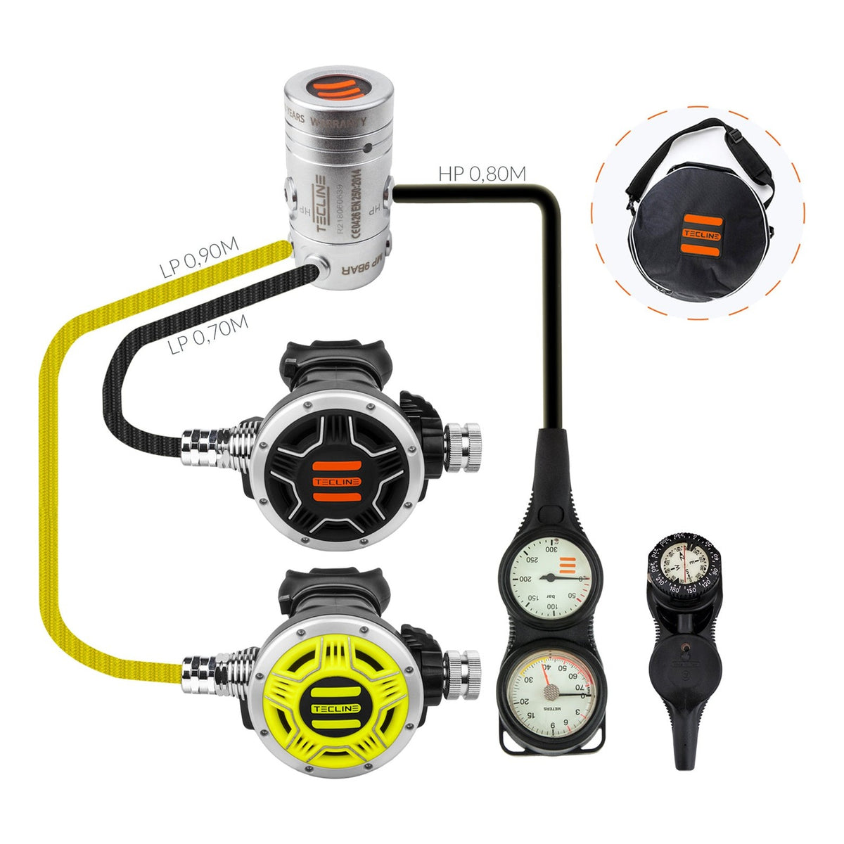 Tecline R2 TEC1 set I: first stage, black and yellow TEC1 second stages and pressure gauge