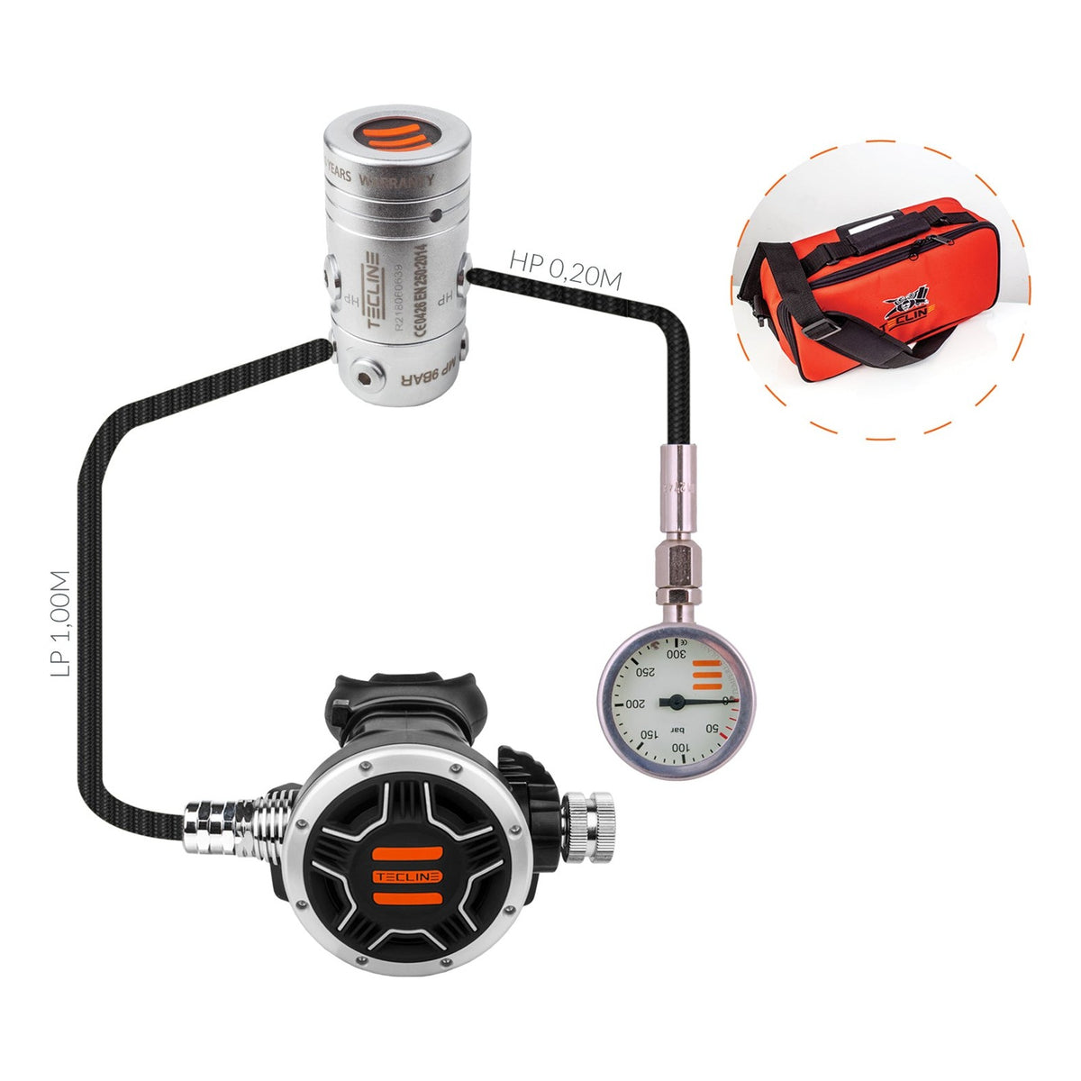 Tecline R2 TEC1 21% O2 stage set with 1 m black hose and red bag